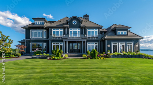 Elegant luxury home with a charcoal grey facade  featuring classic architectural design and a sprawling lawn. Full front view captured in summer. 