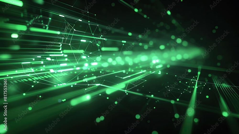 A green light trail creating geometric shapes on a dark background, tech interface, side view, highlighting digital flow, cybernetic tone, analogous color scheme A green light trail creating geometric shapes on a dark background, tech interface, side view, highlighting digital flow, cybernetic tone, analogous color scheme