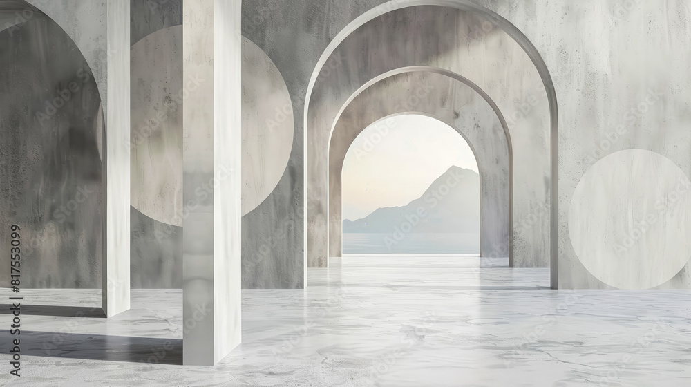 Clean and minimalist wallpaper featuring geometric arches in a Zen landscape