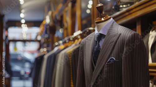 A tailored three-piece suit in fine pinstripe wool a custom-made wooden hanger in a bespoke menswear atelier, offering bespoke craftsmanship and sartorial elegance for discerning gentlemen.
