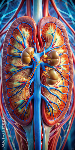 Macro photograph of the human kidney  displaying its intricate tubules and filtration system.