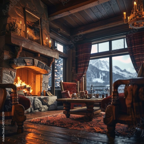 A cozy ski lodge with roaring fireplace and mugs of hot cocoa, cozy log cabin, AI generated © Tanu