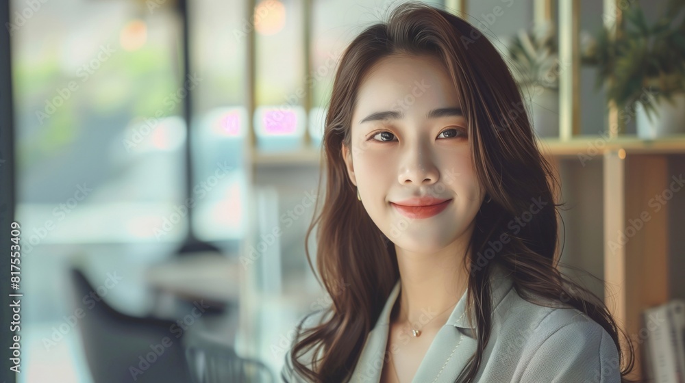 an elegant Korean young businesswoman smiling and looking at the camera in a modern office. generative AI an elegant Korean young businesswoman smiling and looking at the camera in a modern office. generative AI
