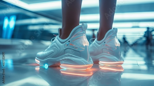 Futuristic female shoes on model legs  captured in close-up to emphasize the cutting-edge virtual fashion trends