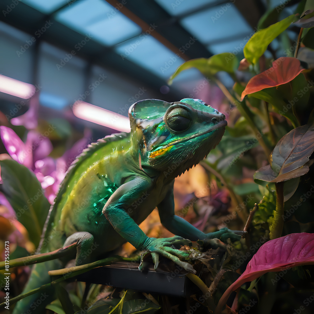 a lizard sitting on top of a plant in a room a lizard sitting on top of a plant in a room