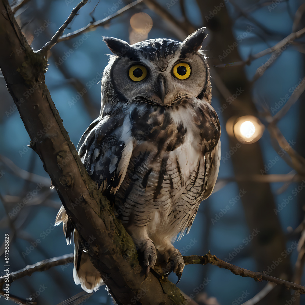 owl on a branch with lights in the background owl on a branch with lights in the background