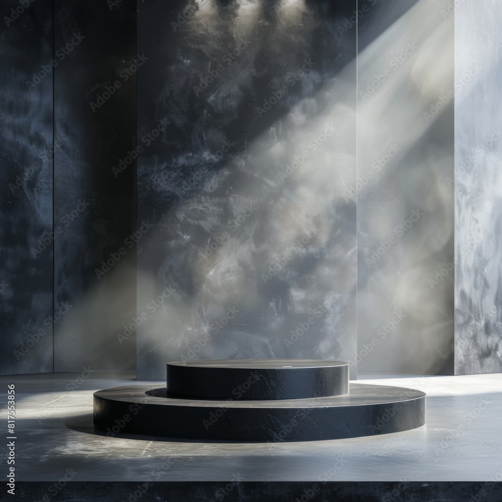 Sleek black podium set against a backdrop of morning mist, with subtle sunlight filtering through, providing a serene yet striking environment for product displays Sleek black podium set against a backdrop of morning mist, with subtle sunlight filtering through, providing a serene yet striking environment for product displays