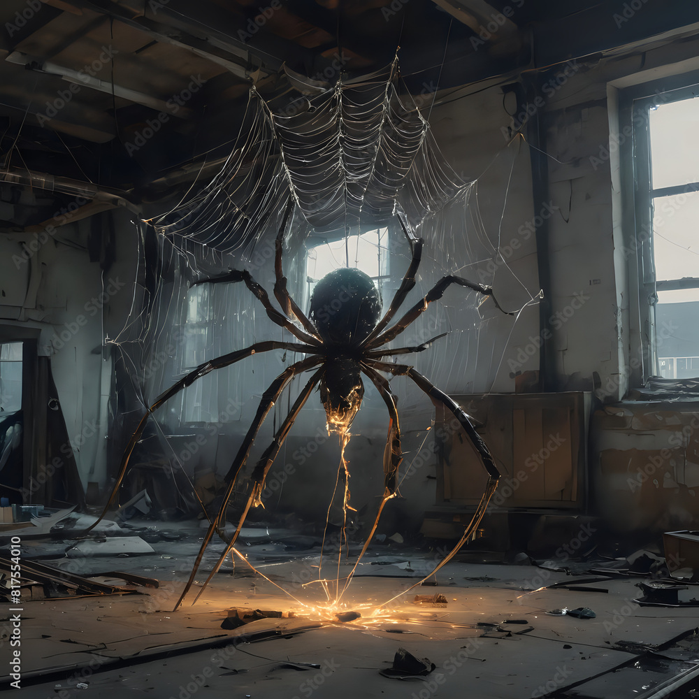 a spider is sitting in a room with wires a spider is sitting in a room with wires