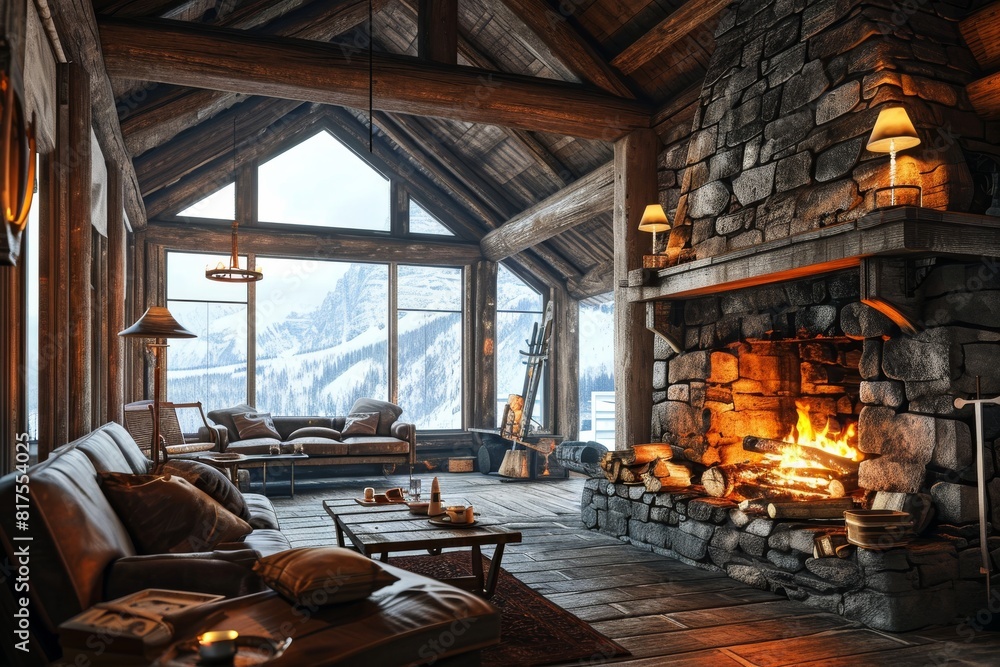 A cozy ski lodge with roaring fireplace and mugs of hot cocoa, cozy log cabin, AI generated