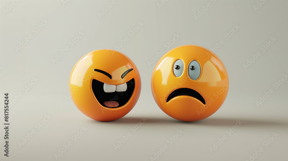 A 3D of a laughing emoji and a sad emoji as pieces of abstract art on a solid light gray background, exploring modern emotional expression. A 3D of a laughing emoji and a sad emoji as pieces of abstract art on a solid light gray background, exploring modern emotional expression.