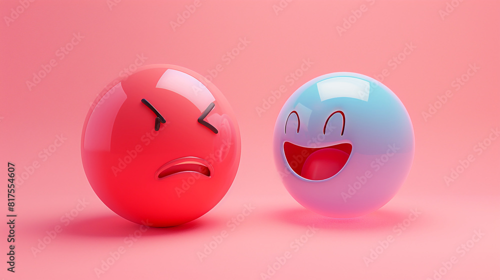 A photorealistic 3D of a pastel red rolling eyes emoji next to a luminous sapphire smirking emoji, both on a solid pink background, capturing subtle social interactions. A photorealistic 3D of a pastel red rolling eyes emoji next to a luminous sapphire smirking emoji, both on a solid pink background, capturing subtle social interactions.