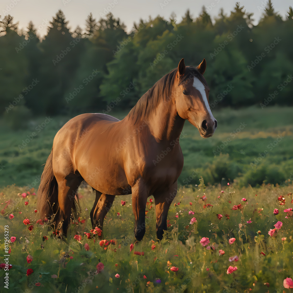 a horse standing in a field of flowers in the sun a horse standing in a field of flowers in the sun
