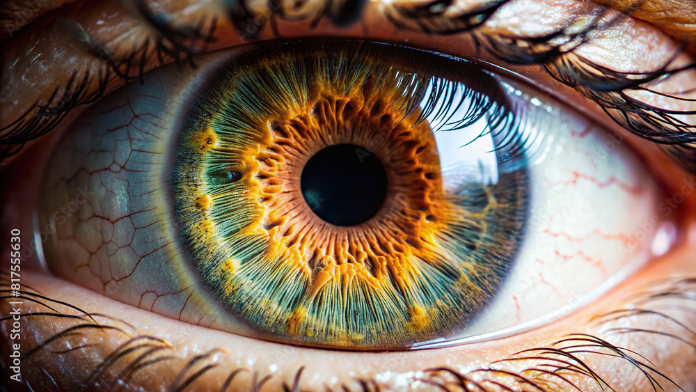 Close-up view of human eye with intricate details of iris and pupil, showing the complexity of the organ and its function.