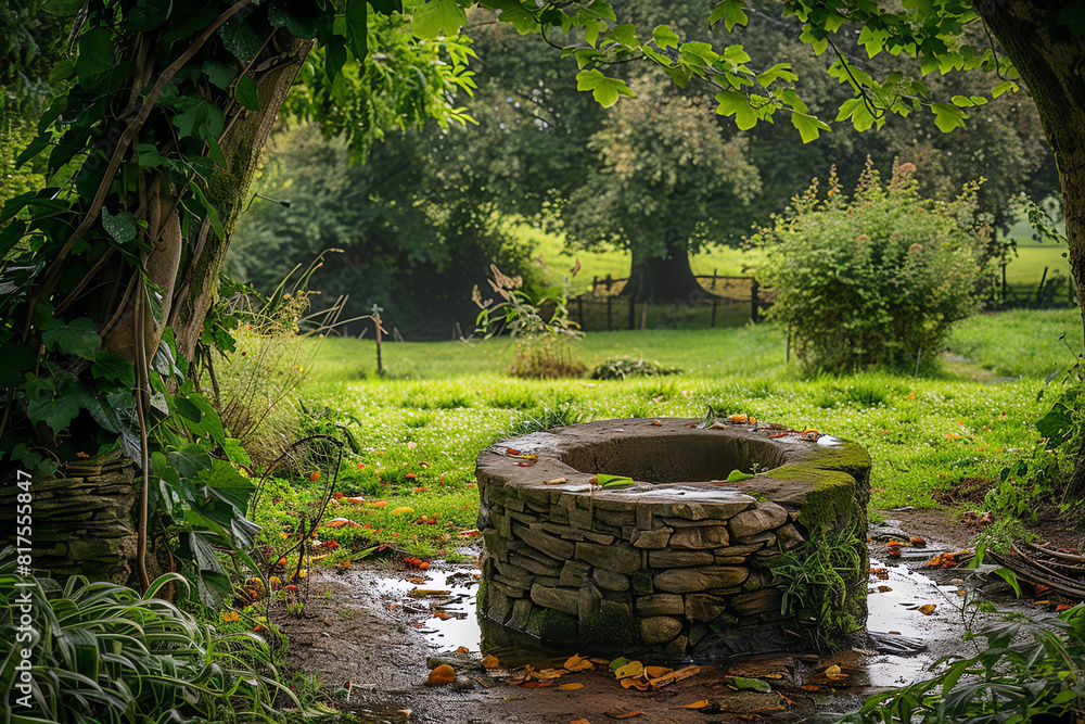 A serene stone well surrounded by lush greenery in a peaceful rural landscape during daylight A serene stone well surrounded by lush greenery in a peaceful rural landscape during daylight