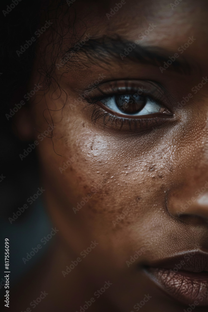 Close-up of someone's face with a blank or absent expression, tired eyes and dark circles, conveying a sense of disconnection and emotional emptiness Close-up of someone's face with a blank or absent expression, tired eyes and dark circles, conveying a sense of disconnection and emotional emptiness
