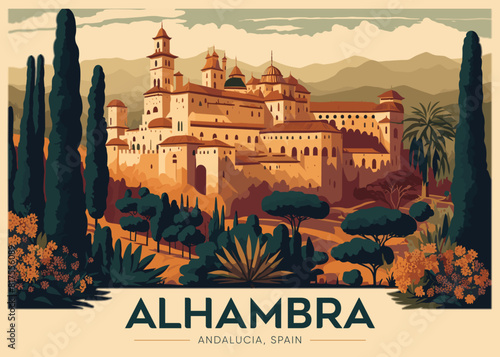 Alhambra Andalucia Spain Travel Postcard Flat Color Vector in Vintage Style