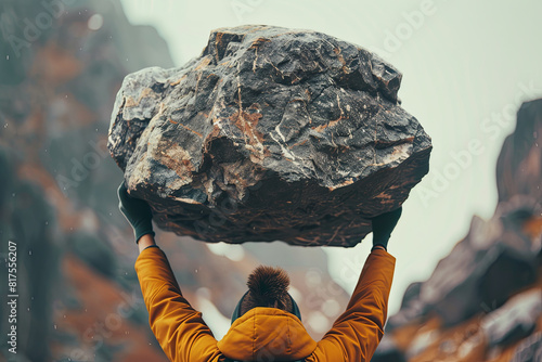 Surreal image of a person carrying a huge boulder on their shoulders, symbolizing the burden of work responsibilities and expectations photo