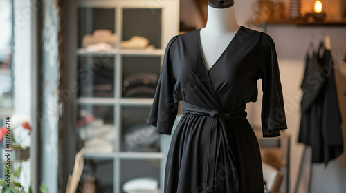 A versatile maternity wrap dress in classic black, displayed on a mannequin in a chic maternity boutique, offering expectant mothers a stylish and flattering option for both casual  photo