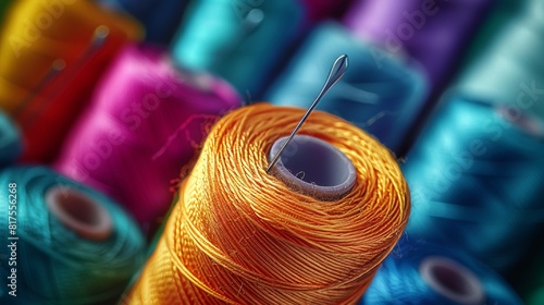 Detailed aerial view of a needle lying atop a vibrant spool of thread, stark isolation and studio lighting focusing on sewing essentials photo