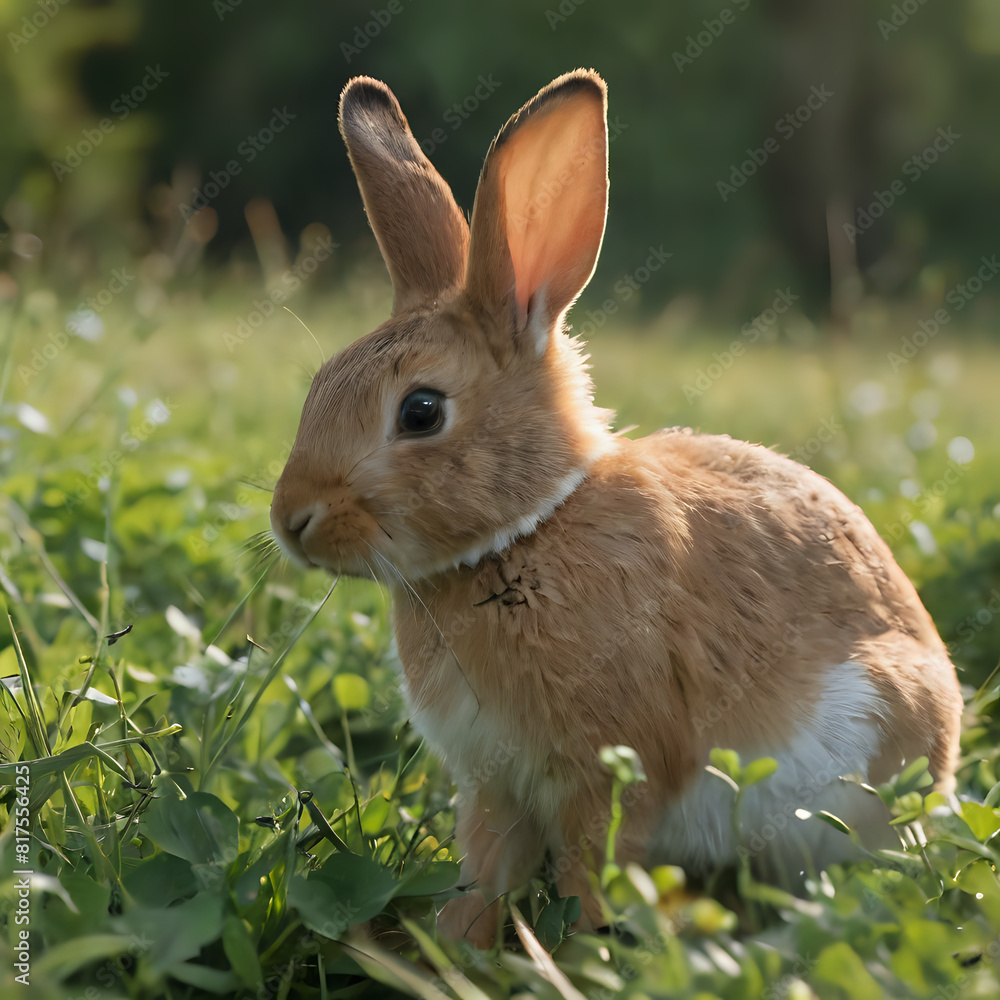 Fototapeta premium a small rabbit sitting in the grass with its ears up