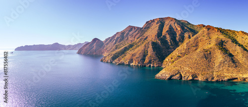 Panorama of the rock in the sea Aerial view. Cabo de Gata-Níjar reserve. El Portus, Almeria Andalusia Spain Horizontal banner photo