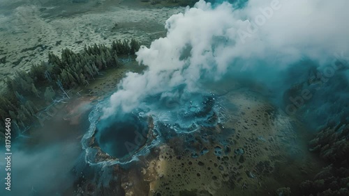 Lush greenery surrounding a geysers powerful eruption