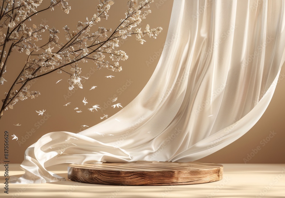 A 3D display podium features a wooden frame pedestal with a brown background and a flowing silk curtain, ideal for presenting beauty and cosmetic products in a luxurious, natural setting. A 3D display podium features a wooden frame pedestal with a brown background and a flowing silk curtain, ideal for presenting beauty and cosmetic products in a luxurious, natural setting.