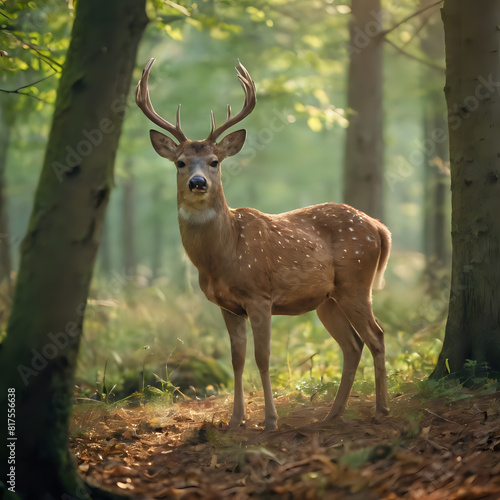 a deer that is standing in the woods with its antlers