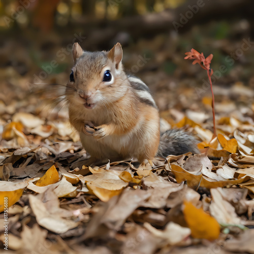 a small chipmunt sitting on the ground in the leaves