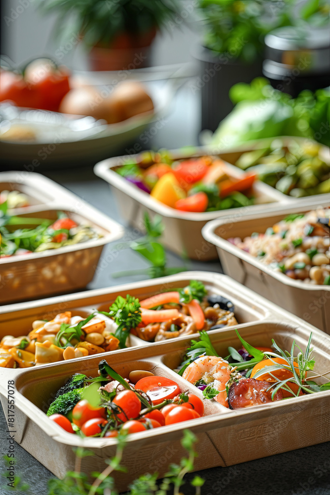 Composition of eco-friendly and compostable food containers with freshly prepared slow food dishes, highlighting healthy ingredients and curated presentations Composition of eco-friendly and compostable food containers with freshly prepared slow food dishes, highlighting healthy ingredients and curated presentations