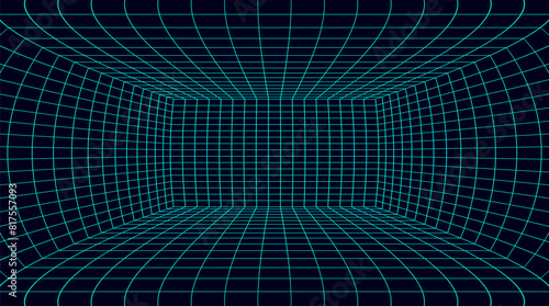 Abstract vibrant neon blue color corridor stretching into the distance. 3D perspective laser grid, converging toward a central point. Cyberspace background with blue mesh. Futuristic digital hallway