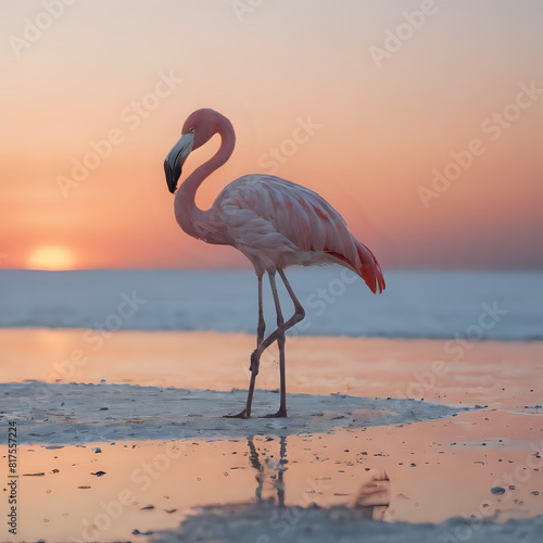 flamingo standing on the beach at sunset with its head down