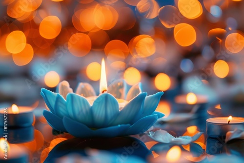 Vesak holiday background with lotus flower candle on golden blue bokeh background