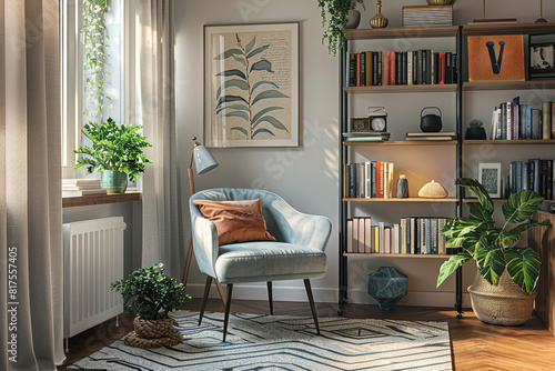 Cozy home office corner with a designer chair, a curated bookshelf, artistic prints on the walls, and lush plants, all in a soft color palette photo