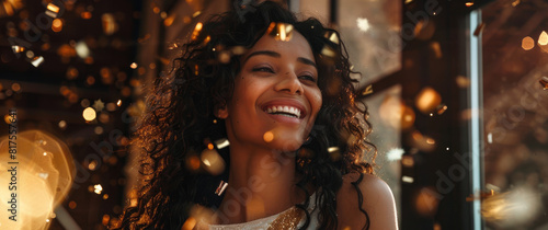 gorgeous smiling woman with long curly hair  white dress  gold confetti flying around her