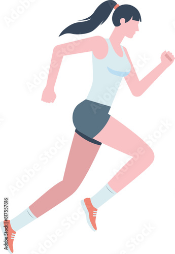 Illustration of a woman running in a white tank top and blue shorts. Running athlete flat design illustration.