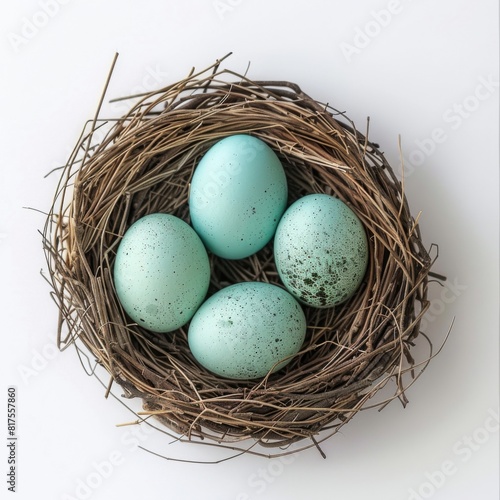 A bird nest holding four blue eggs placed on a bright white surface