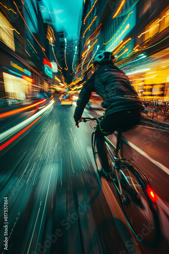 Cyclist zipping through city streets, leaving a trail of light and motion in their wake photo