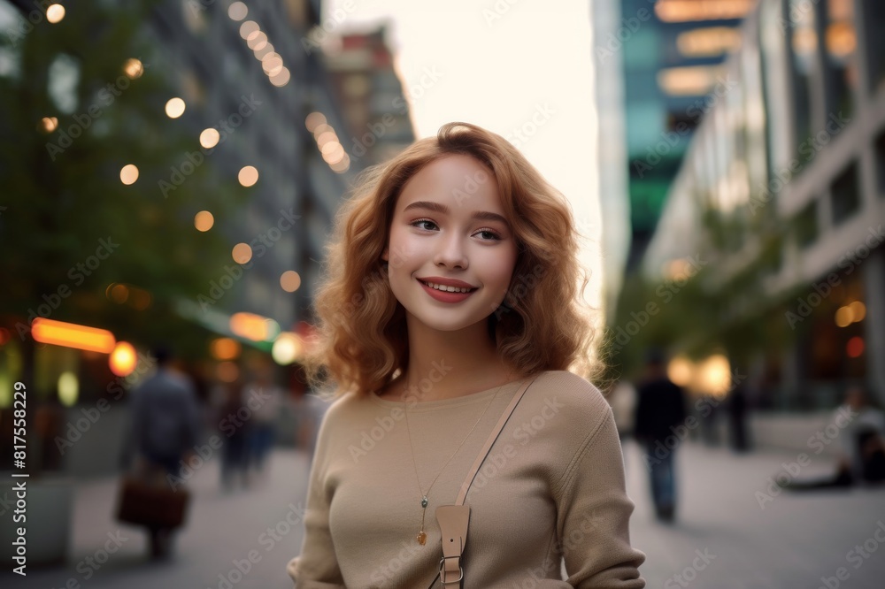A smiling young woman at the downtown district Smiling young woman waiting for her friend A smiling young woman at the downtown district Smiling young woman waiting for her friend