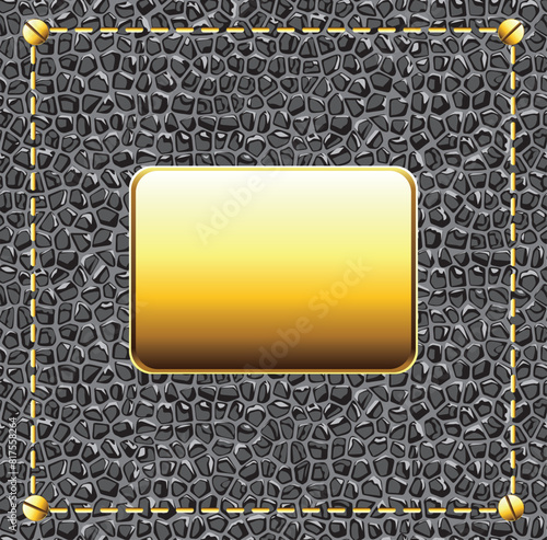 Black leather background with gold plate. Abstract leather texture, black color background and golden plate illustration.