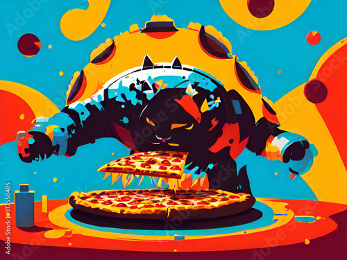 Abstract art  pizza  cat and city  food consumption concept.