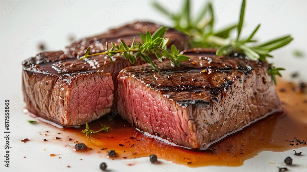 High-detail image of a kangaroo steak, showcasing garnishes and plating artistry, isolated background, studio lighting for advertising focus High-detail image of a kangaroo steak, showcasing garnishes and plating artistry, isolated background, studio lighting for advertising focus