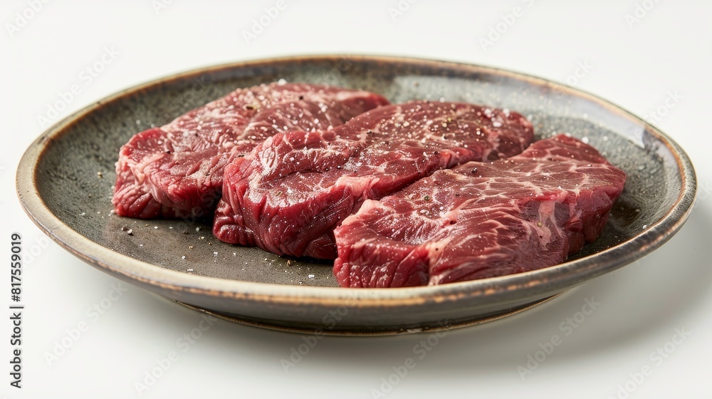 High-detail image of a camel steak on a plate, focusing on the texture and juiciness, perfect for high-end food advertising, isolated setting