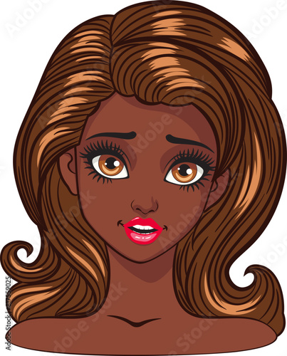 Young cartoon dark skinned woman with big brown eyes and dark brown hair. Expressive girl, female avatar.