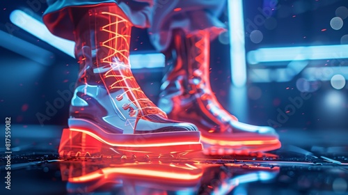High-definition close-up of female footwear in a futuristic style, highlighting bold designs and virtual fashion elements