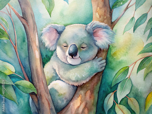 A sleepy koala nestled in a eucalyptus tree, captured in soothing watercolors 