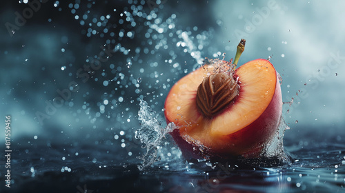 A peach dropping into water with a vibrant splash against a soft pink background.
Fresh peach splashing in water with droplets flying around, vibrant colors. stock photo of water splash with sliced pe photo