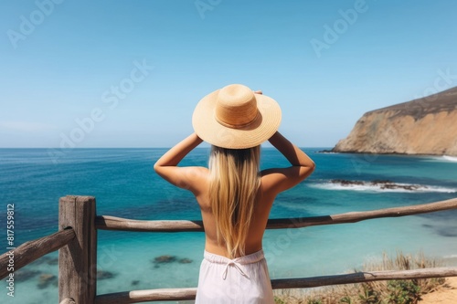 A woman in a hat and bikini stands by a wooden fence and looks at the sea © alisaaa