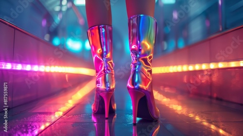 Artistic close-up of female legs in shoes designed with futuristic and virtual fashion concepts, highlighting modern aesthetics photo
