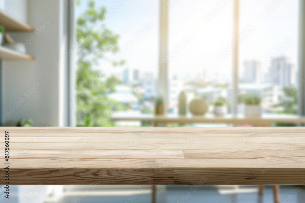 Empty wooden countertop, against blurred big bright cleah window. AI generative Empty wooden countertop, against blurred big bright cleah window. AI generative